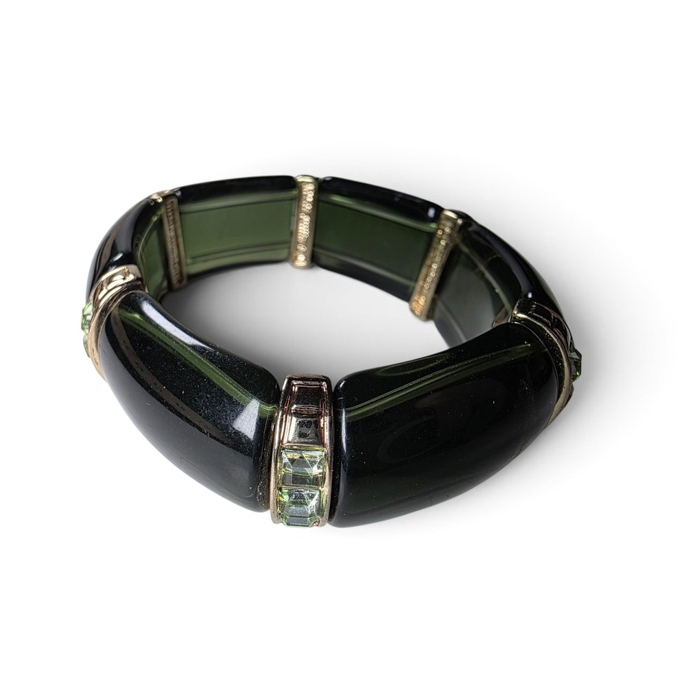 Vintage Olive Green Lucite Segmented Stretch Bracelet Gold Tone Crystal Accents